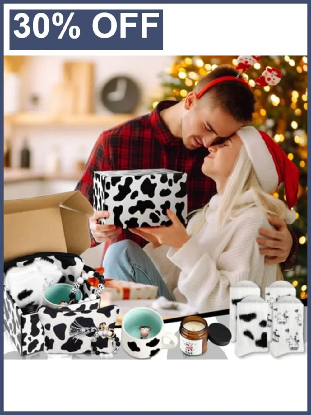 Cow Print Gift Set Makeup Bag Socks Mug Candle Keychain